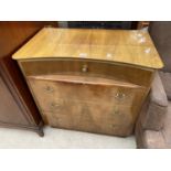 A VINTAGE SHINY WALNUT CHEST OF FOUR DRAWERS, THE TOP DRAWER BEING INVERTED, 32" WIDE