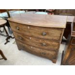 A 19TH CENTURY MAHOGANY AND CROSSBANDED BOWFRONTED CHEST OF THREE DRAWERS, 43" SIDE