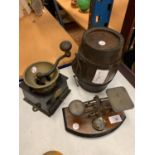 A TRIO OF VINTAGE WOODEN AND BRASS WARETO INCLUDE A BRANDY BARREL AND COFFEE GRINDER
