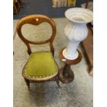 A VINTAGE UPHOLSTERED BENTWOOD CHAIR AND A WOODEN STAND WITH WHITE CERAMIC JARDINERE