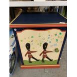 A CHILDS TWO SHELF CUPBOARD WITH MARKING SOLDIERS