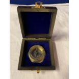 A HENRY HUGHES SON LTD BRASS COMPASS MADE FOR THE ROYAL NAVY AND DATED 1941 TO INCLUDE A WOODEN