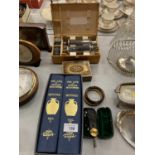 A WOODEN BOX CONTAINING TWIN OPTICIANS MICROSCOPES , A WOODEN INLAID BOX AND THE TWO VOLUME SET