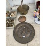 A BRASS JAM PAN, COPPER WARMER AND A TAVERN SCENE PLAQUE