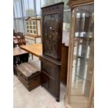 A REPRODUCTION OAK GLAZED AND LEADED CORNER CABINET, 27" WIDE
