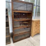 A SET OF EARLY 20TH CENTURY OAK WERNICKE STYLE FIVE TIER BOOKCASES, 45.5" WIDE, 19.5" DEEP