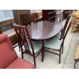 A MORRIS FURNITURE & CO EXTENDING DINING TABLE, SIX CHAIRS AND AN OPEN BOOKCASE