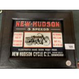 A WOODEN FRAMED ADVERTISING SIGN FOR THE NEW HUDSON CYCLE COMPANY LIMITED