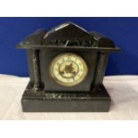 A VINTAGE POLISHED SLATE AND MARBLE MANTLE CLOCK