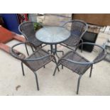 A BISTRO GARDEN SET COMPRISING 4 GARDEN CHAIRS WITH RATTAN SEATS AND A GLASS TABLE