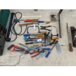 VARIOUS HAND TOOLS TO INCLUDE RIVET GUN, HAND SAWS, SNIPS ETC.