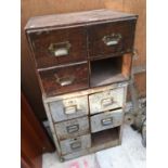 A WOODEN FOUR DRAWER (ONE MISSING) VINTAGE SET OF DRAWERS WITH BRASS HANDLES AND A FURTHER SET OF