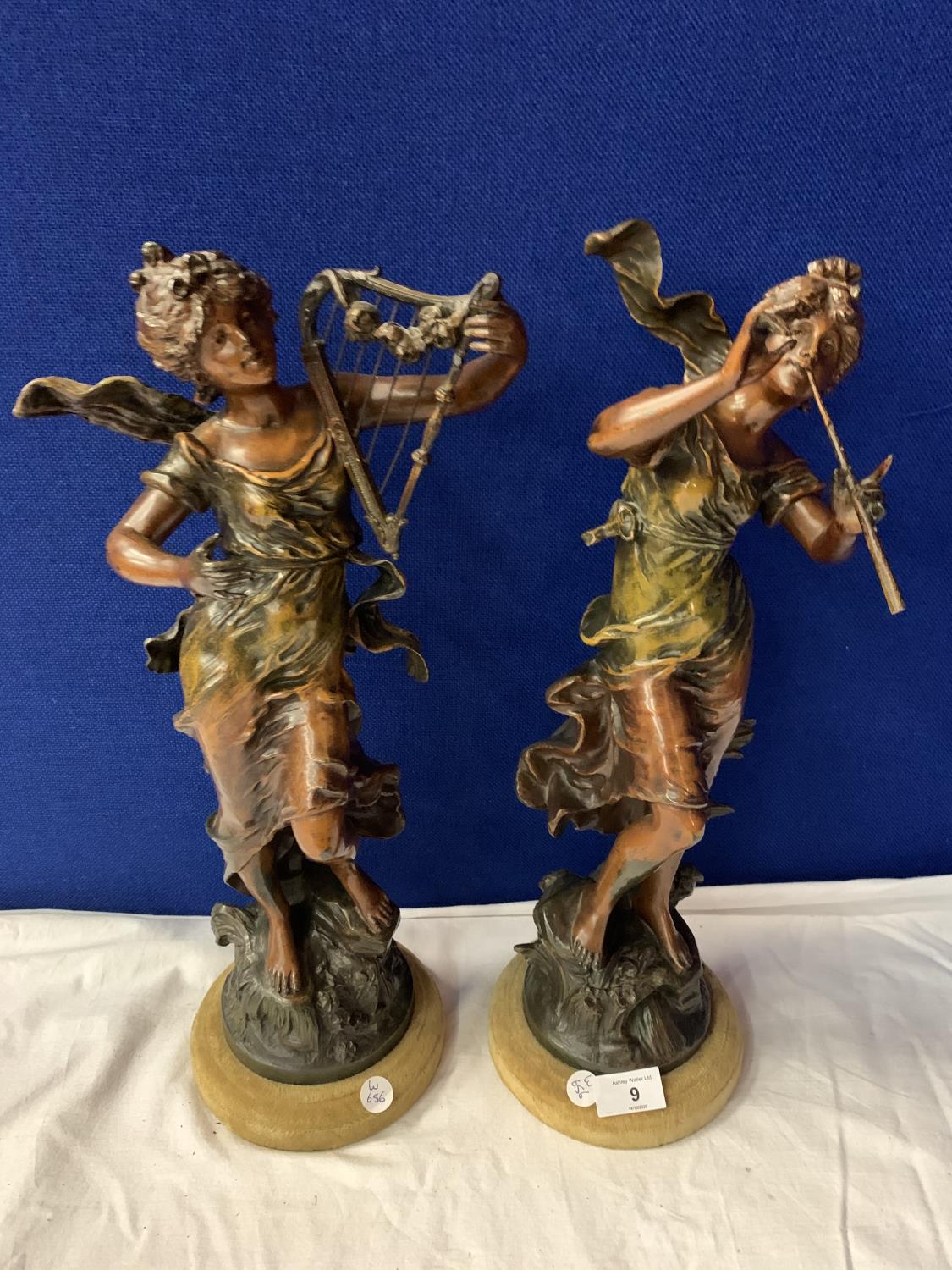 TWO LARGE SPELTER ORNAMENTS DEPICTING ANGELS