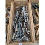 ONE WOODEN BOX TO CONTAIN LARGE QUANTITY OF VARIOUS SIZED SPANNERS ETC.