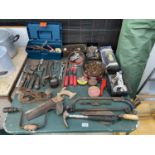 A LARGE QUANTITY OF TOOLS INCLUDING A PLANE, OIL CAN, SCREWS, NAILS ETC.