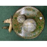 A VINTAGE PAPIER MACHE BOWL, A MOTHER OF PEARL GLOBE, BONE GLOBE AND SHIP