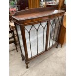 A MID 20TH CENTURY MAHOGANY TWO DOOR CHINA CABINET WITH ROPE EDGE, ON BALL AND CLAW FEET, 47" WIDE