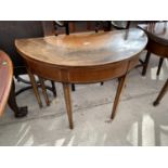 A 19TH CENTURY SATINWOOD AND ROSEWOOD FOLD-OVER TEA TABLE ON TAPERED LEGS, 40" WIDE