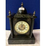 A POLISHED SLATE AND MARBLE VICTORIAN EIGHT DAY MANTLE CLOCK