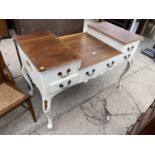 A WHITE PAINTED EDWARDIAN DRESSING TABLE WITH BRASS HANDLES, POLISHED TOP, 48" WIDE