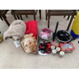 VARIOUS DOG BLANKETS, FEEDING BOWLS ON STAND, DOG FOOD AND LEADS/HARNESSES