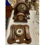 THREE WOODEN MANTLE CLOCKS AND A WOODEN BAROMETER