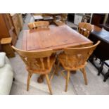 A MODERN PEDESTAL PINE EXTENDING TO DINING TABLE, WITH FOUR CHAIRS, 40" SQUARE UNOPENED