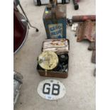 A VINTAGE ESSO BLUE PETROL CAN, A G.B. SIGN AND BRASS OIL BURNER