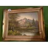 A GILT FRAMED ACRYLIC OF A LAKE AND MOUNTAIN SCENE