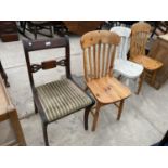 THREE VICTORIAN STYLE KITCHEN CHAIRS AND A MAHOGANY DINING CHAIR