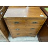 AN EARLY 20TH CENTURY OAK CAMPAIGN STYLE CHEST OF THREE DRAWERS, 28" WIDE