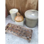 TWO STONEWARE LID JARS, A WALKER & KNIGHT CHESTER STONEWARE FLAGON AND A VINTAGE TWO DOZEN WOODEN