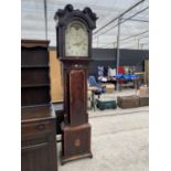 A 19TH CENTURY INLAID MAHOGANY LONG CASE CLOCK, MAKER THOS ADAMS, MIDDLEWICH. NO WEIGHTS OR PENDULUM