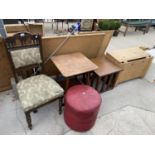 A CARVED DINING CHAIR, A RED FOOTSTOOL, TWO SIDE TABLES AND A PINE BLANKET CHEST