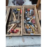 TWO WOODEN BOXES CONTAINING NUMEROUS WALL PAPER SCRAPERS, HAMMERS ETC.