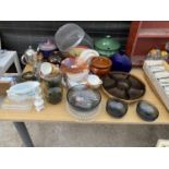 MIXED CERAMICS, COOKING POTS, GLASSWARE, LAZY SUSAN ETC.