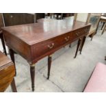 A 19TH CENTURY MAHOGANY AND INLAID SQUARE PIANO ON SIX TURNED AND FLUTED LEGS (CONVERTED TO 2 DRAWER