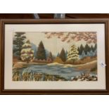 A WOODEN FRAMED RETRO TAPESTRY