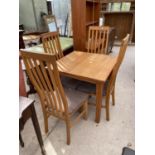 A MODERN OAK EXTENDING KITCHEN TABLE WITH FOUR CHAIRS, 31.5" SQUARE (45.5" EXTENDED)