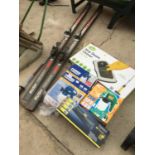 TWO SPRAY GUNS, A MOP STEAM CLEANER, AN A4 TRIMMER AND A SET OF SKIS WITH POLES