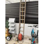 A POWER DEVIL PRESSURE WASHER AND A WOODEN EXTENDING LADDER WITH METAL RUNGS