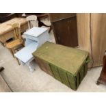 A PAIR OF VICTORIAN STYLE KITCHEN CHAIRS, PINE CHEST AND PAINTED BEDSIDE TABLE