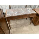 AN EDWARDIAN SIDE TABLE WITH UNRELATED MARBLE TOP, 42" WIDE