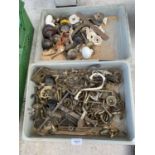 TWO BOXES OF VARIOUS VINTAGE DOOR KNOBS AND FURNITURE