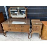 A WALNUT DRESSING TABLE AND BEDSIDE CABINET