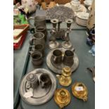 AN ASSORTMENT OF PEWTER AND BRASS ITEMS ETC