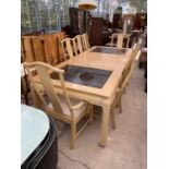 A BERNHARDT EXTENDING DINING TABLE (D100x42" FULLY EXTENDED) WITH INSERTED GLASS TOP AND EIGHT