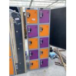 AN AS NEW ORANGE, PURPLE AND GREY TEN DOOR COMBINATION LOCK LOCKER