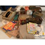A COLLECTION OF ITEMS RELATING TO THE CO-OP TO INCLUDE VINTAGE TINS, POLISHING KIT, HAMMER AND STAMP