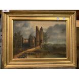 A GILT FRAMED 'OLD CASTLE' OIL ON CANVAS